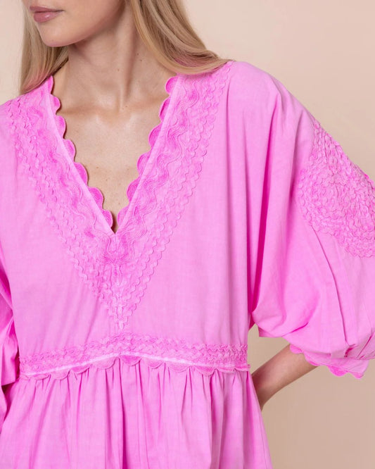 Juliet Dunn Hibiscus Loose Mini Dress in Poplin with Ric Rac Embroidery