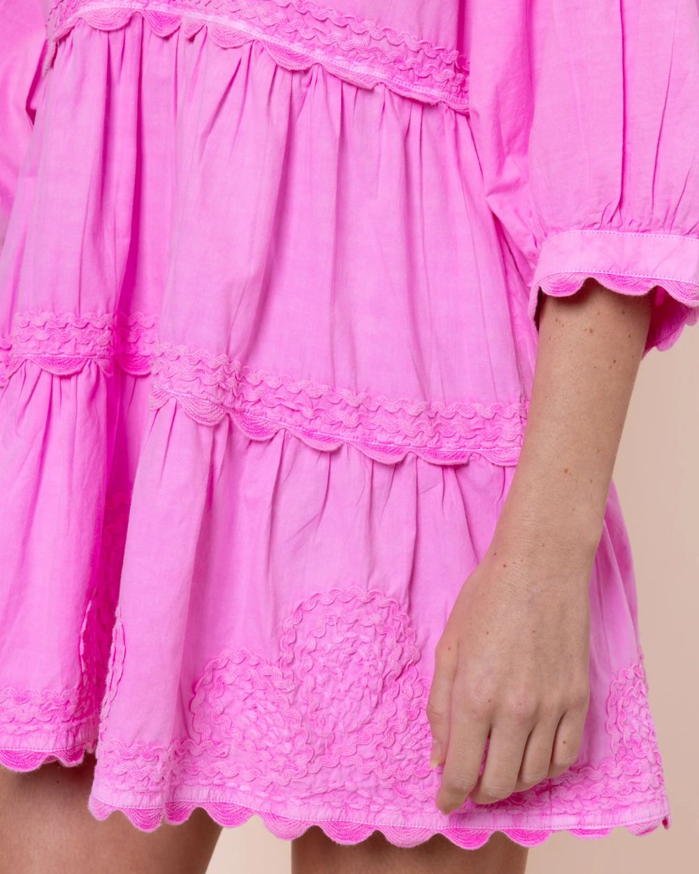 Juliet Dunn Hibiscus Loose Mini Dress in Poplin with Ric Rac Embroidery