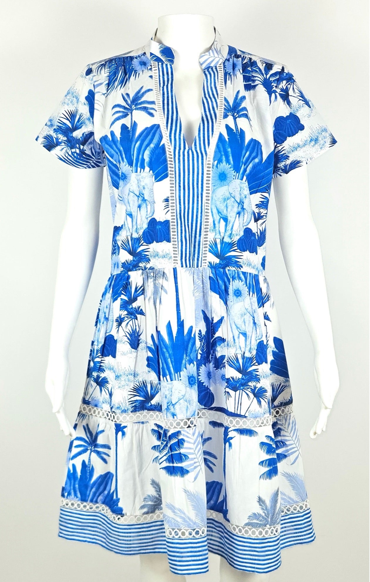 Alison Shortsleeve Dress - Elephant Toile White/Blues