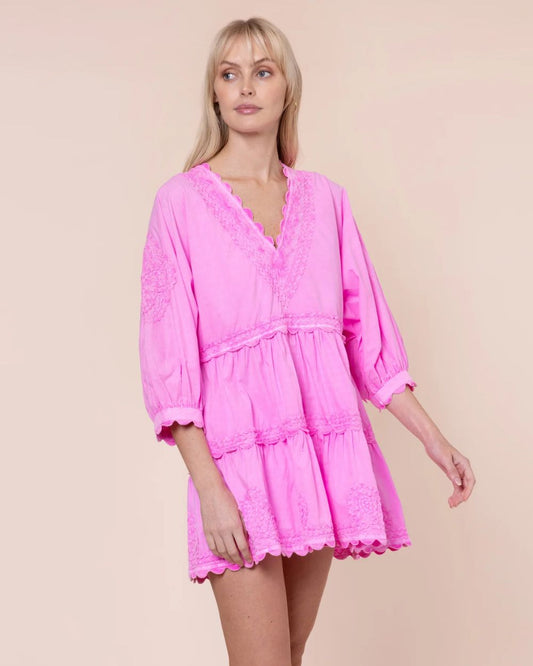 Juliet Dunn Hibiscus Loose Mini Dress in Poplin with Ric Rac Embroidery