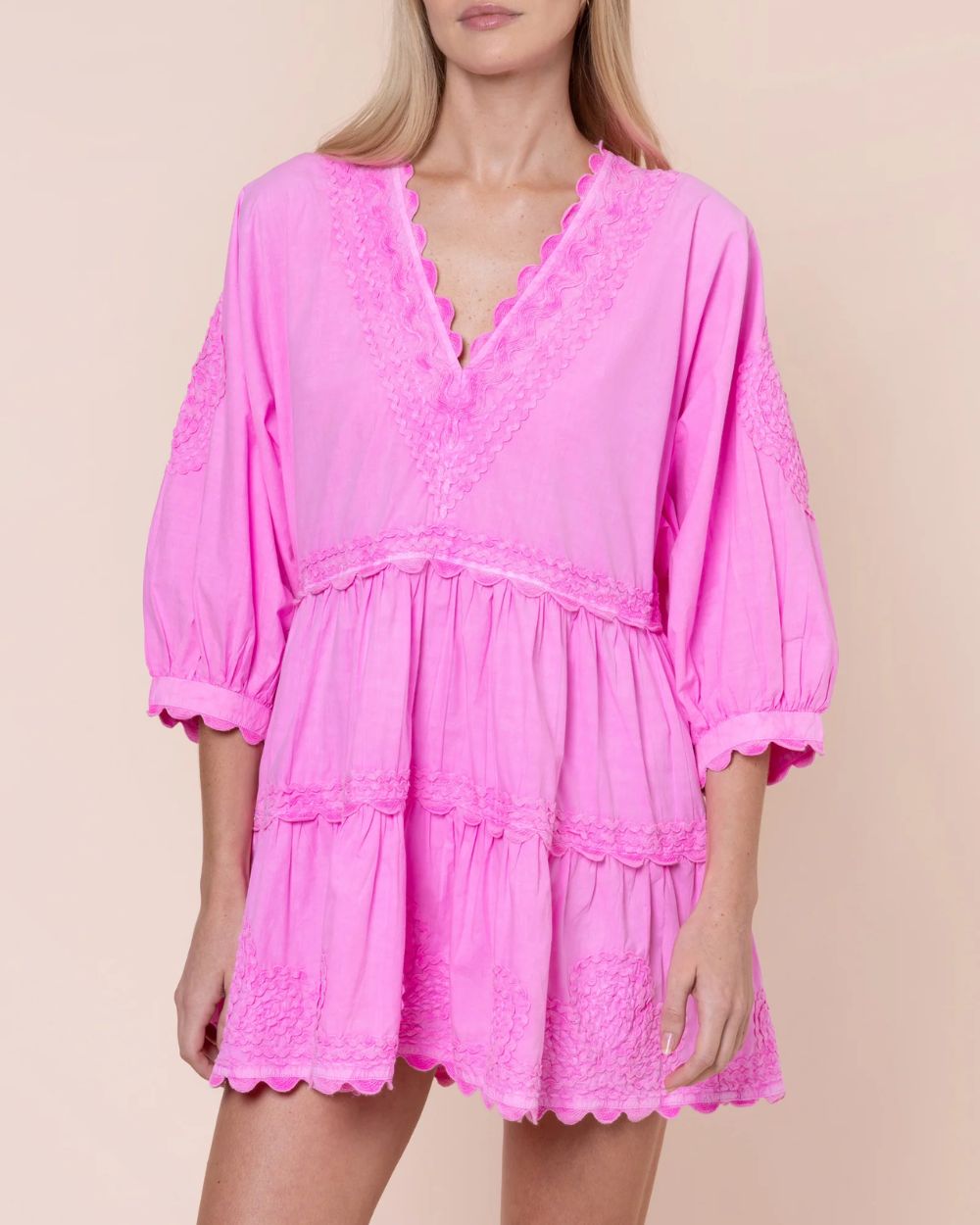 Juliet Dunn Hibiscus Loose Mini Dress in Poplin with Ric Rac Embroidery
